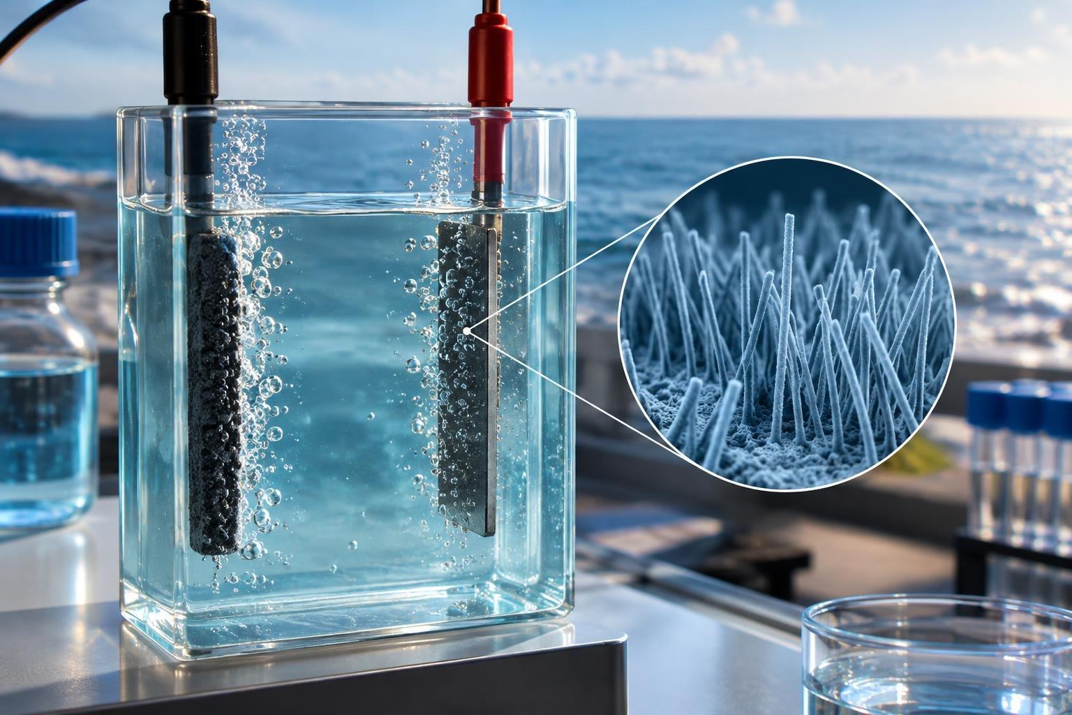 AI image: A Nanowire Electrode Makes Hydrogen from Neutral Seawater in the Lab